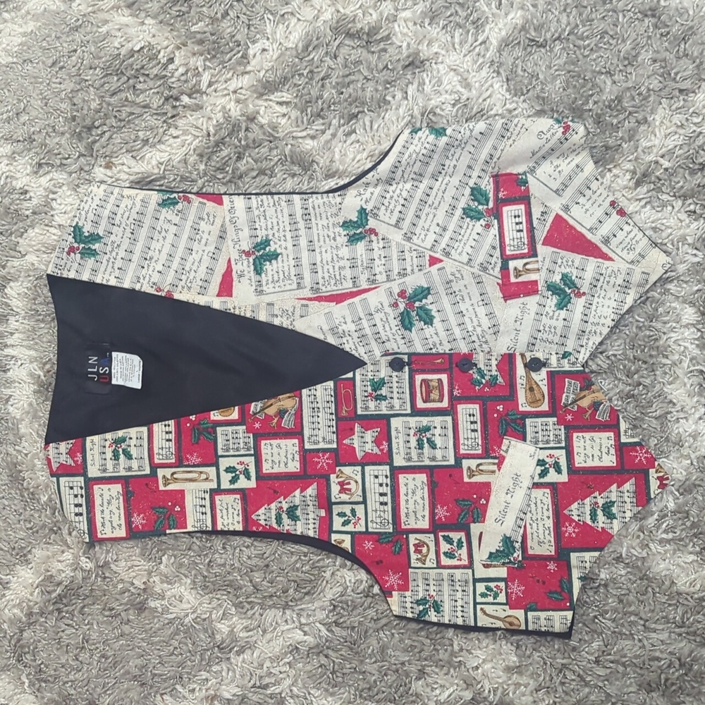 JLN USA L Christmas music vest button front tie on back glitter mistletoe